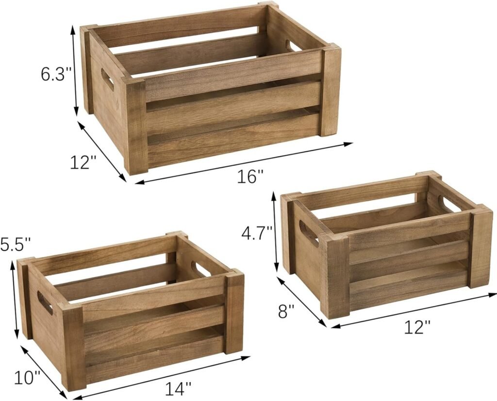 Lawei Set of 3 Wood Nesting Storage Crates with Handle, Rustic Decorative Wooden Crates Distressed Crates Storage Container for Storage Display Decoration