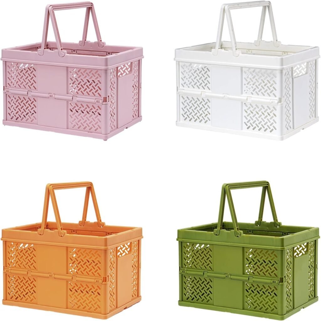 TRZZ 4-Pack Small Plastic Storage Basket with Handles, Collapsible Hanging Basket for Organizing, Pastel Storage Crates for Home, Kitchen, Office, Organizing and Decoration. (9.576.4)